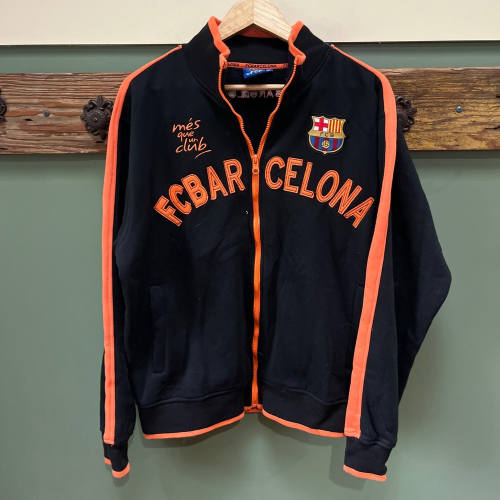 FC Barcelona Mens XL Track Jacket Black Orange Roger's Mes Que Un Club Zip Up